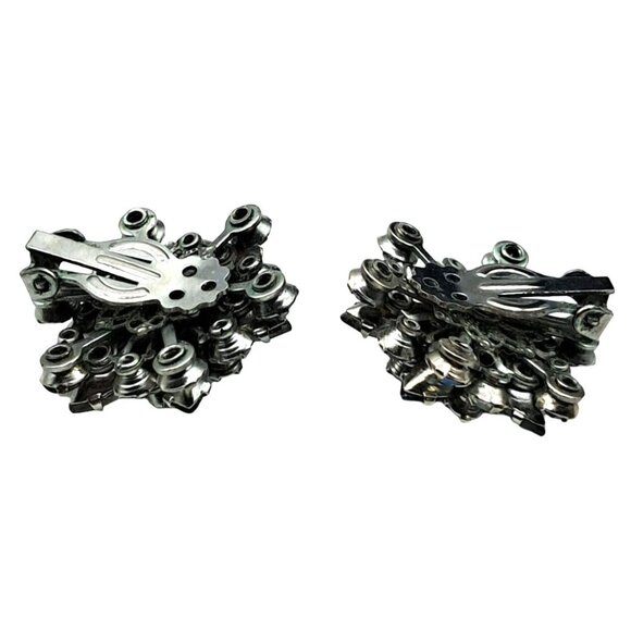 Vintage Rhinestone Earrings Fleur de Lis Aurora Borealis Gray Clear Clip Ons Cos - Picture 9 of 11